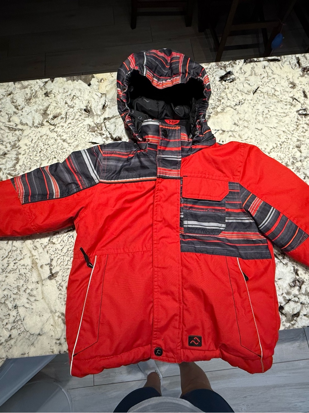Children's Red Jupa Hooded Puffer Jacket with fleece inside. Waterproof
